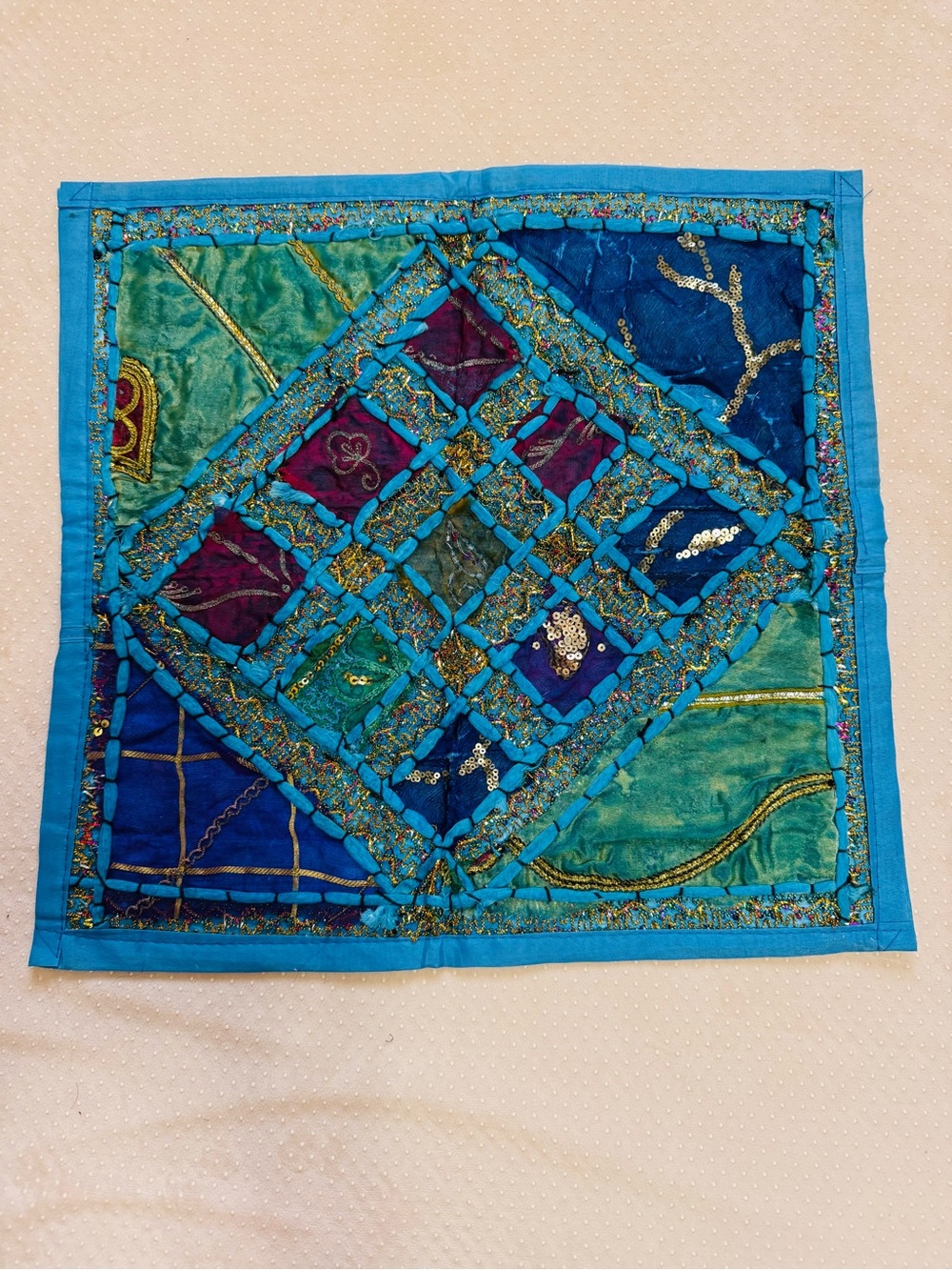 Handcrafted Turquoise Embellished Patchwork Pillow Cover